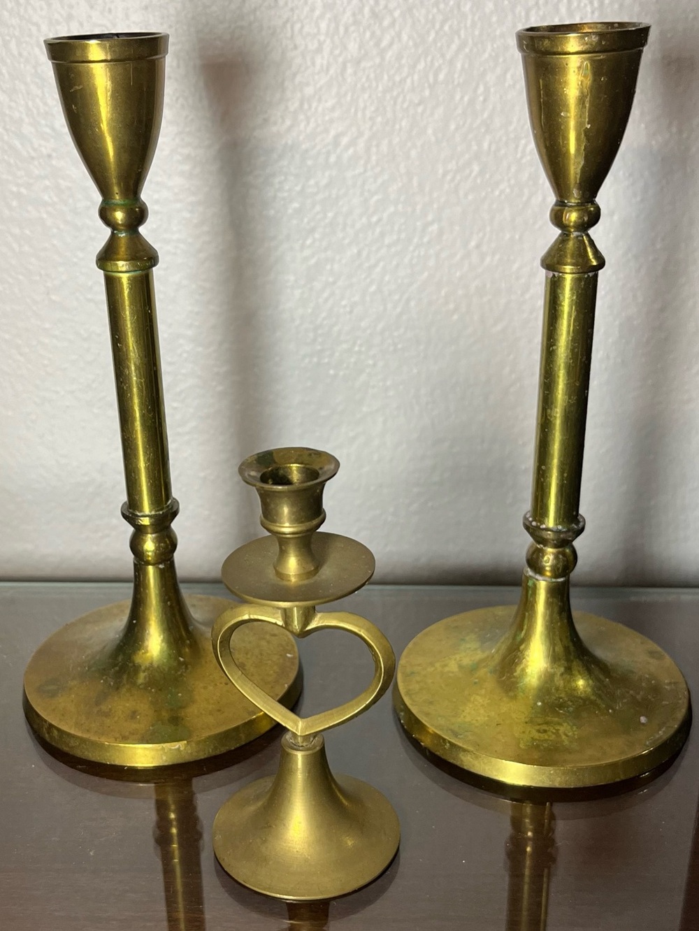3 Vintage Solid Brass Tapper Candlestick Holders, Round Base RIH India 8” 4”